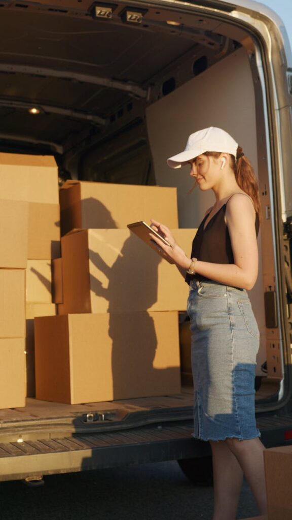 Mastering the First Impression: Your intriguing post title goes here Young female courier organizing package delivery beside an open delivery van at sunset.